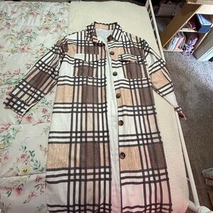 Plaid Long Button-Front Women's Coat - Cream & Brown